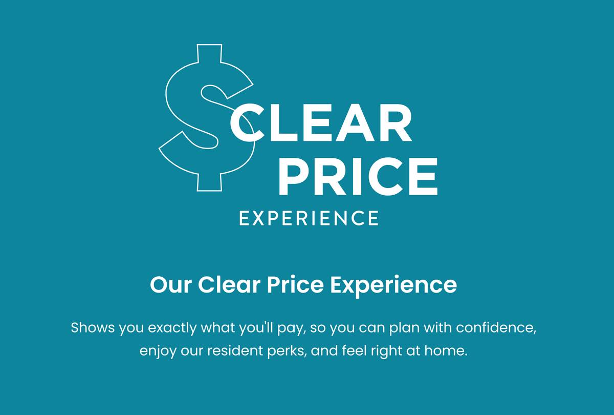 Graphic with a blue background and a title that reads Clear Price Experience Clear Price Experience
