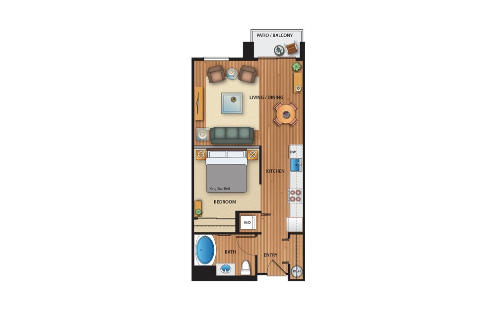 Plan I - 1 bedroom floorplan layout with 1 bath and 609 to 623 square feet.