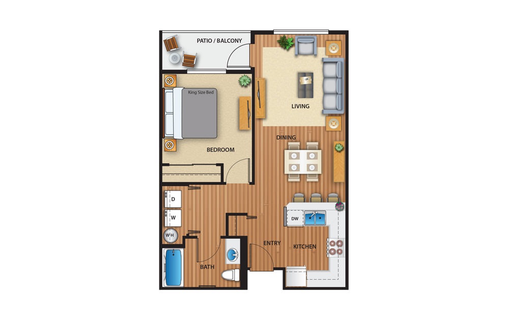 Plan II - 1 bedroom floorplan layout with 1 bath and 696 square feet.