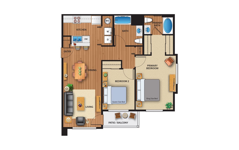 Plan IV - 2 bedroom floorplan layout with 2 baths and 962 square feet.