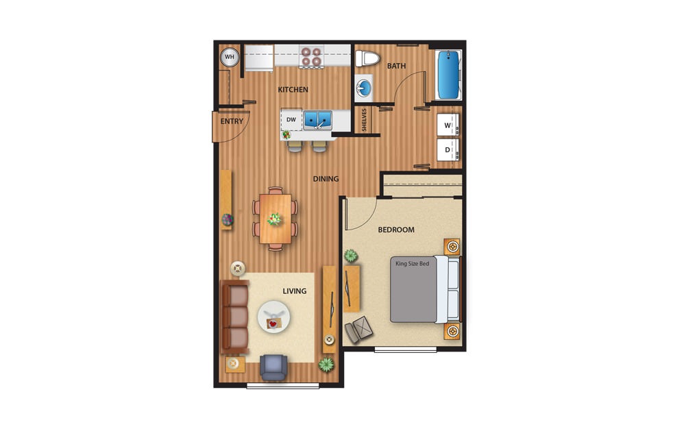 Plan III - 1 bedroom floorplan layout with 1 bath and 745 to 746 square feet.